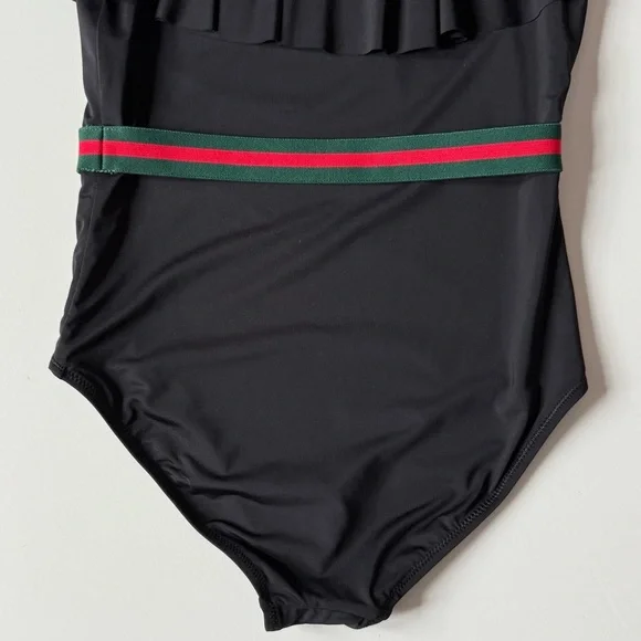 Stella Cove Girls Black Ruffle Swimsuit with Gucci-Style Belt - Size 12Y